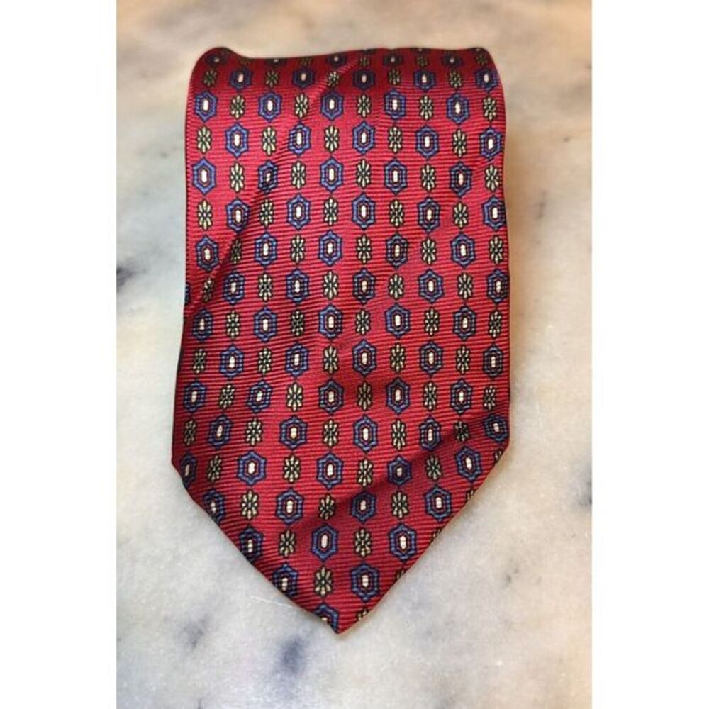 Lands End 100% Silk Red Geometric Foulard Tie Hand Sewn in USA